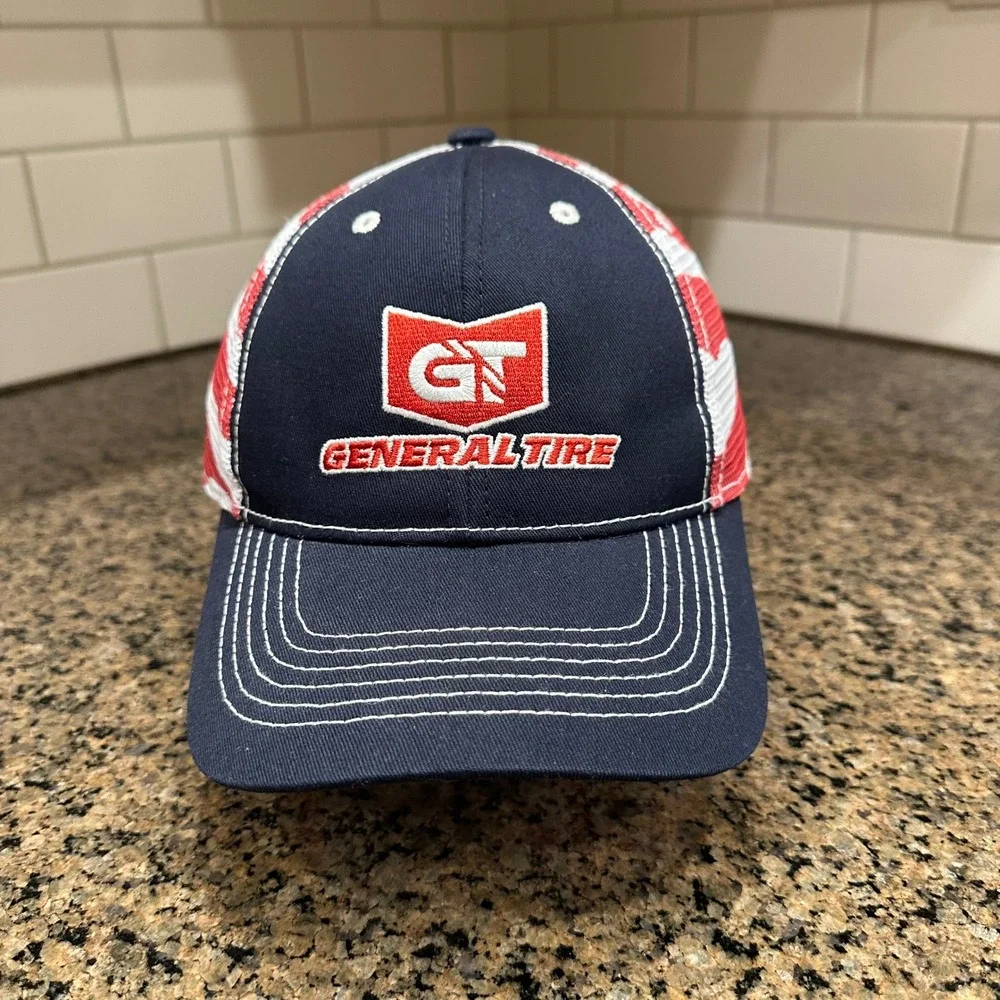 General Tire Trucker Hat Navy‎ Blue Red White USA Flag Mesh Snapback Cap